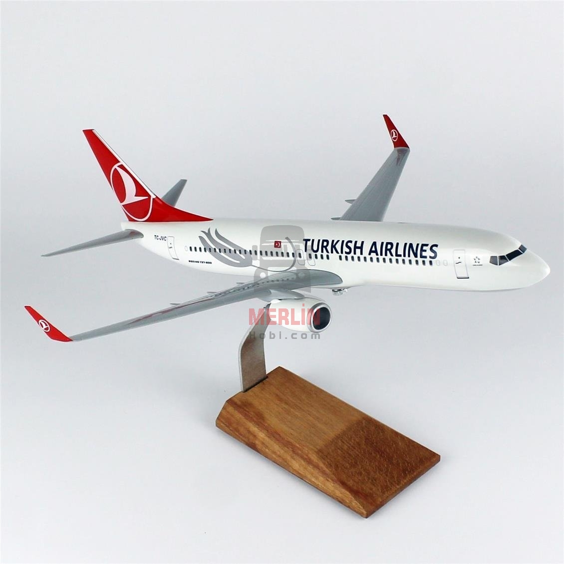 1/100 Ölçek, THY Lale Logolu B737-800 Yolcu Uçağı, Sergilemeye Hazır Ahşap Standlı Model