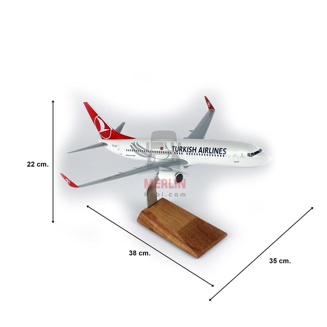 1/100 Ölçek, THY Lale Logolu B737-800 Yolcu Uçağı, Sergilemeye Hazır Ahşap Standlı Model