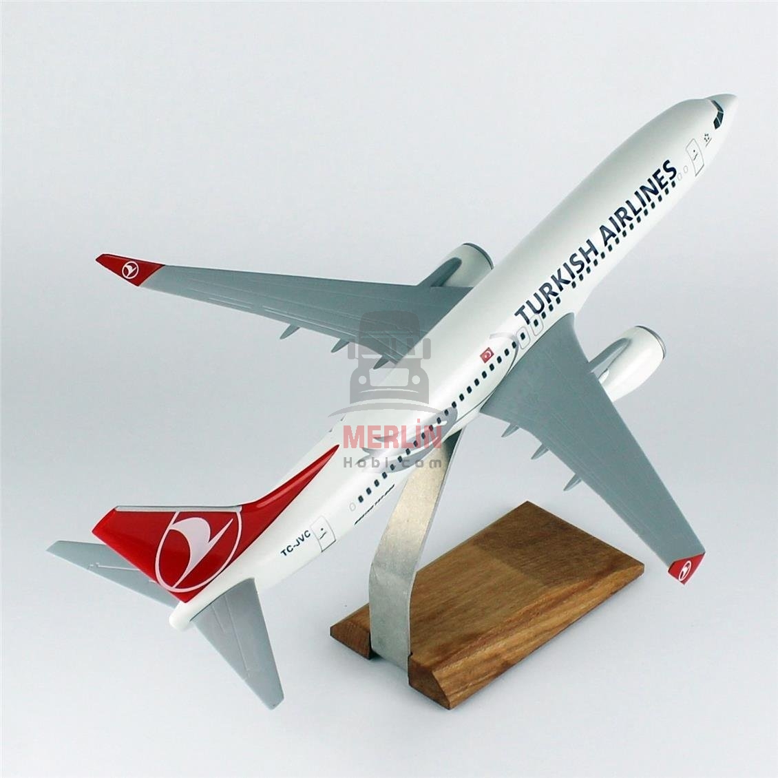 1/100 Ölçek, THY Lale Logolu B737-800 Yolcu Uçağı, Sergilemeye Hazır Ahşap Standlı Model