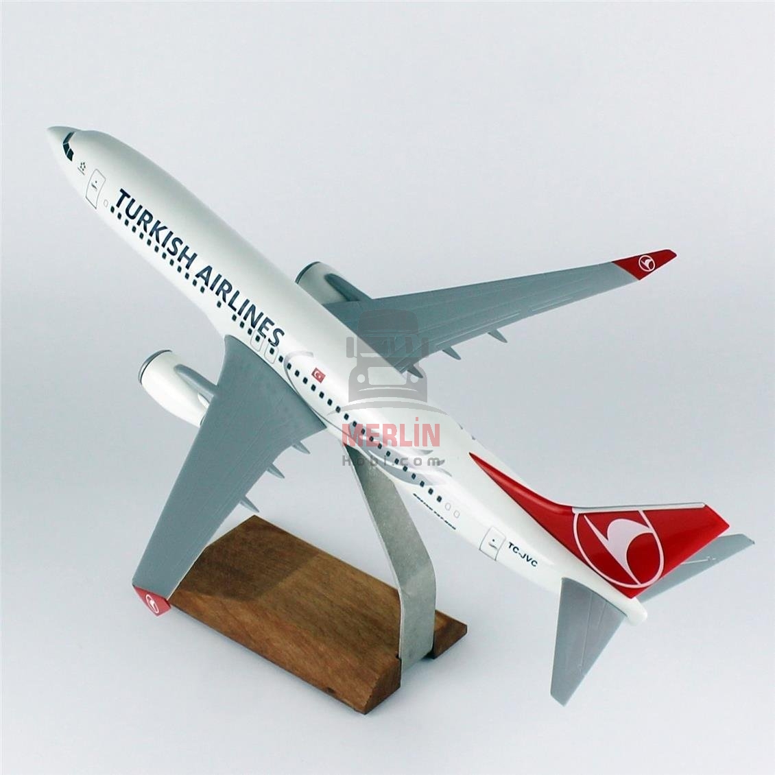 1/100 Ölçek, THY Lale Logolu B737-800 Yolcu Uçağı, Sergilemeye Hazır Ahşap Standlı Model