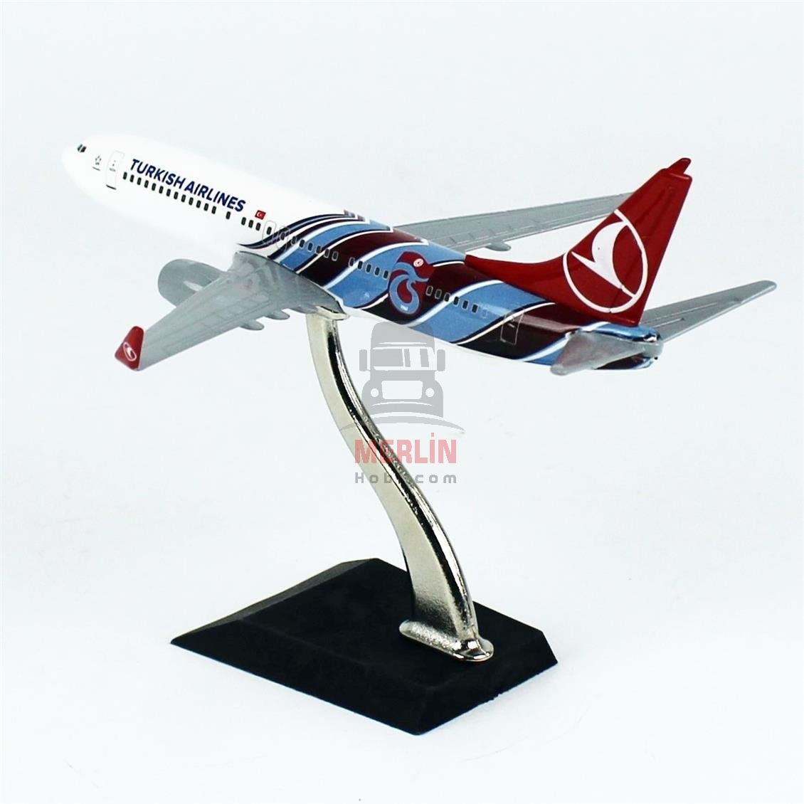 1/400 ÖLÇEK, THY TRABZONSPOR LOGOLU BOEİNG B737-800 YOLCU UÇAĞI, SERGİLEMEYE HAZIR AHŞAP STANDLI METAL MODEL